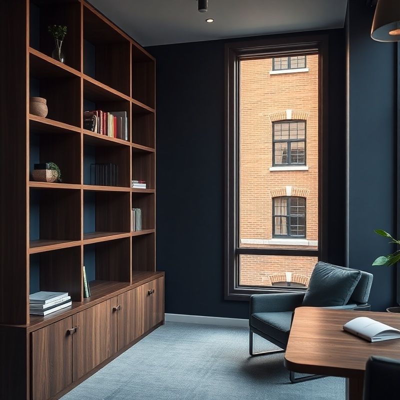 Wnętrze biura Atelier Kowalczyk — ciemne dębowe półki i indygo akcent